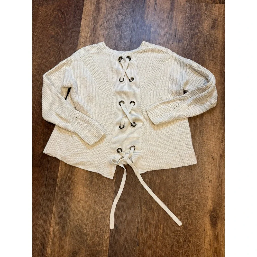 Lucky Brand Sweater Womans Med Cream Breen Pullover Cotton Lace Up Back‎ Crop